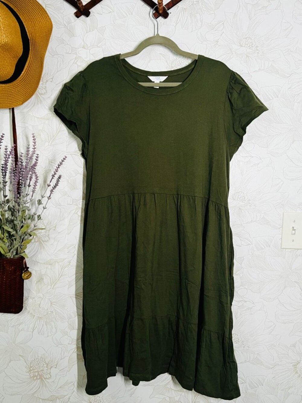 Time And Tru Green Tiered Dress XL Cotton Short Sleeve